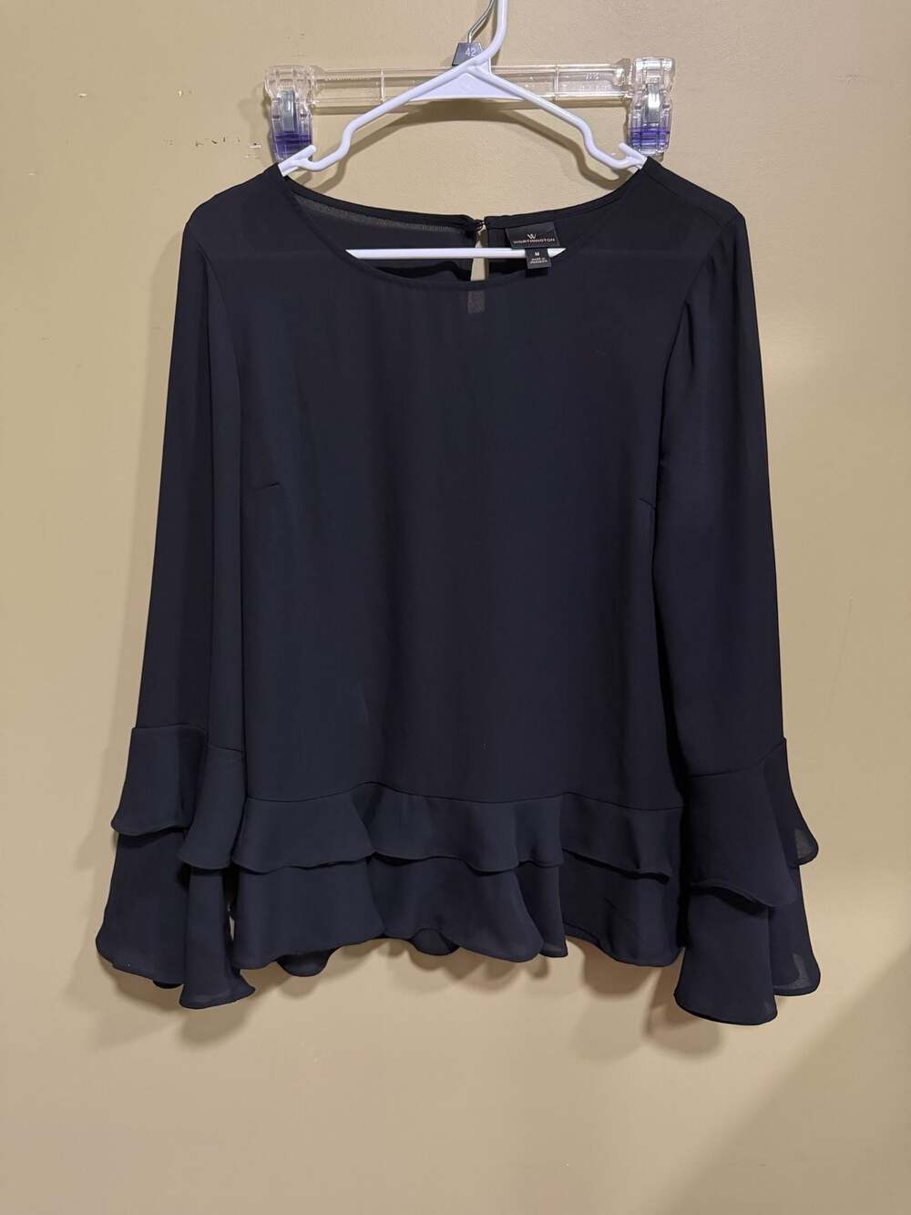 Worthington Black Ruffle Hem and Sleeves Long Sleeve Top Size Medium